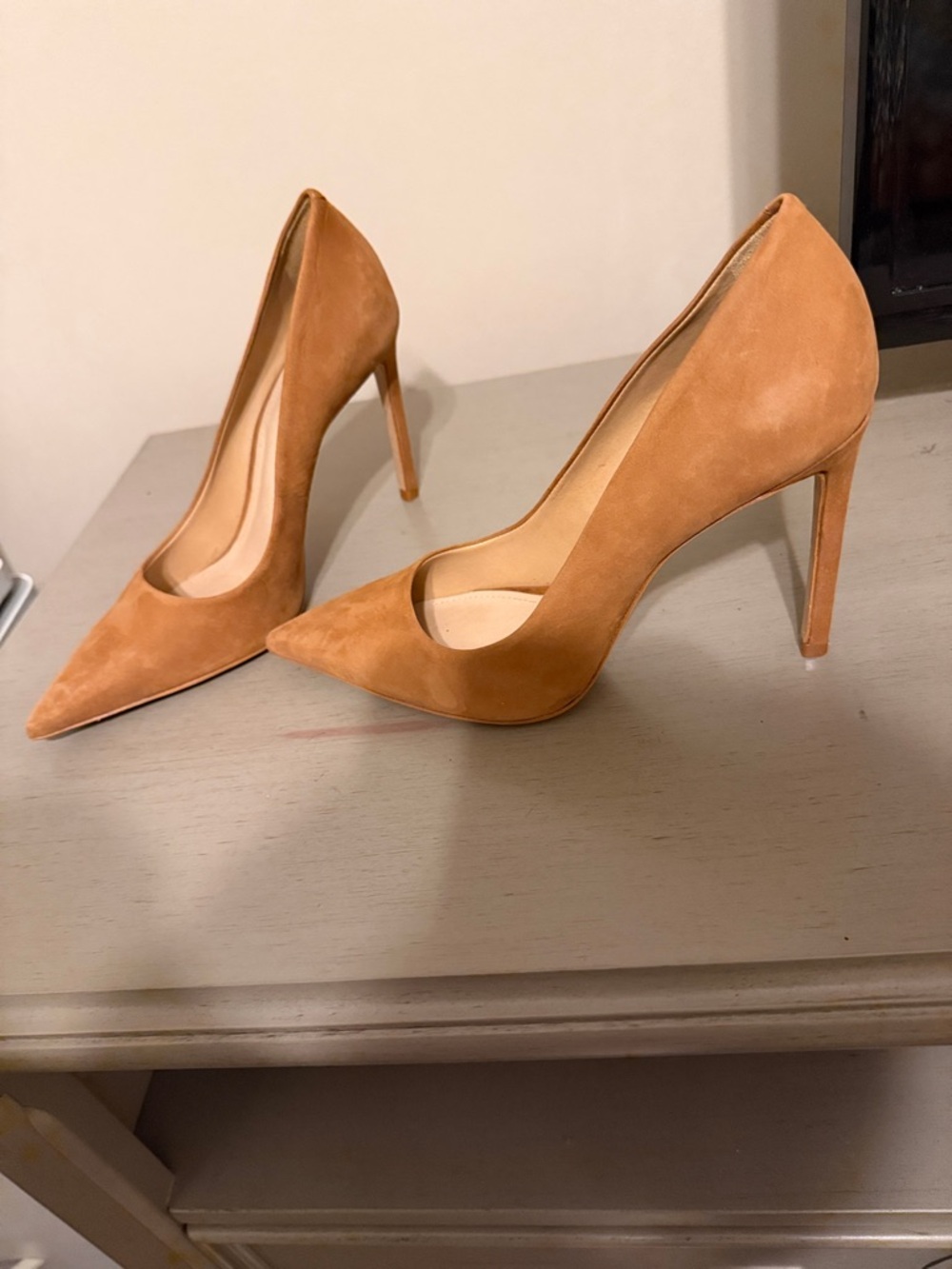 SCHUTZ Pointed Suede Pumps in Camel Tan - Picture 2 of 7